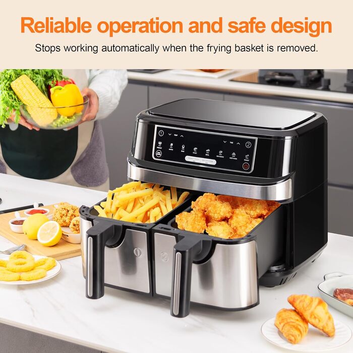Аерофритюрниця двокамерна 9 літрів, фритюрниця XXL з 2 незалежними ящиками 4.5 л, 8 автоматичних програм, фритюрниця зі світлодіодним сенсорним екраном, функції Smart Finish & Match Cook