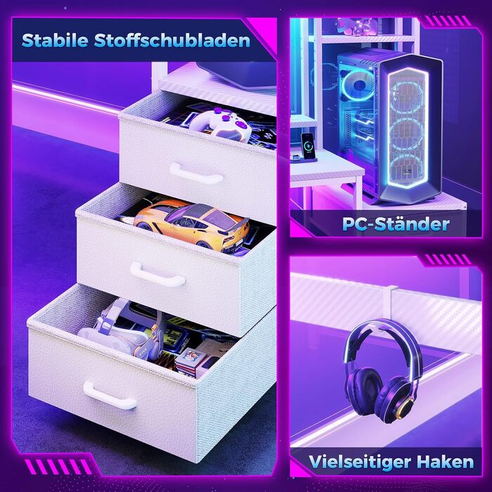 Ігровий стіл Coleshome з полицями та шухлядами, 13748 см Ігровий стіл зі світлодіодним освітленням та розеткою, комп&39ютерний стіл з полицями та підставкою для монітора, вуглецеве волокно білого кольору Карбонове волокно білого кольору 13748 см