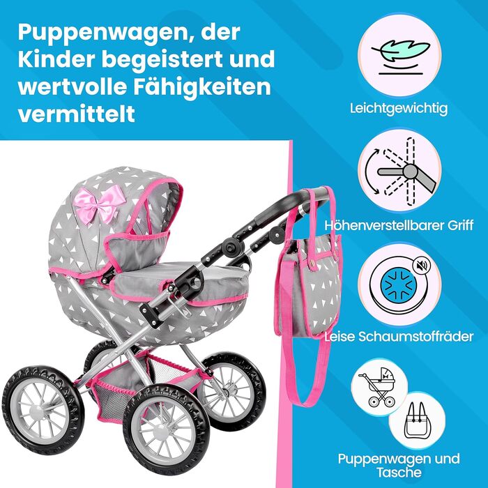Коляска для ляльок Kinderplay від 2 років, коляска для ляльок від 2 років - Легка та стійка конструкція, коляска для ляльок від 1