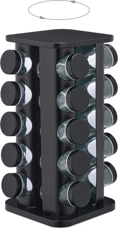 Карусель для спецій Relaxdays з 20 баночками для спецій, включаючи вставку-шейкер, обертова, багаторазова підставка для спецій для кухні, чорна