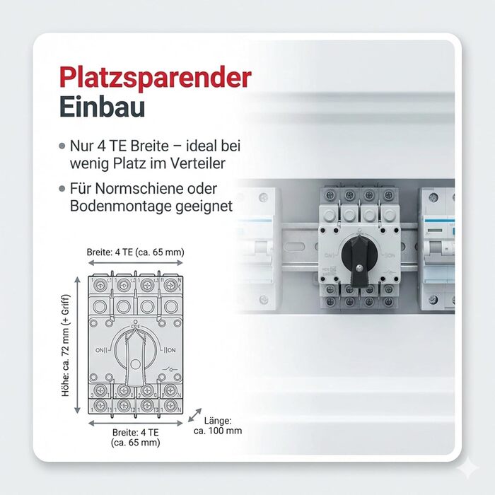 Аварійний вимикач живлення Merz - 63A - 4-полюсний вимикач навантаження - аварійний режим відключення мережі - компактний вимикач живлення (лише 4TE), включаючи вбудований місток (перемикач 63A)