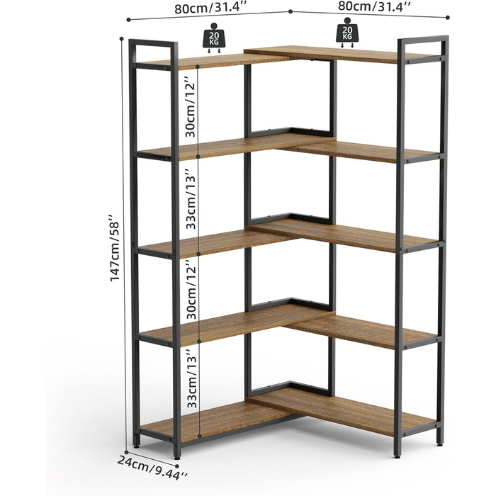 Книжкова полиця Mondeer, окремостояча полиця з 5 полицями, регульована ширина від 80 до 146 см, для вітальні, кабінету, офісу, вінтажно-коричневий колір