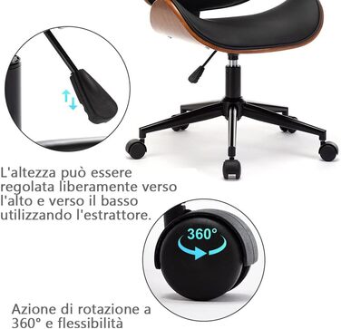 Дерев&39яне офісне крісло Mingone, комп&39ютерне крісло, ергономічне робоче крісло на 360, обертове крісло, дизайн крісла з крилами та колесами, регульована висота, шкіра, чорний колір, до 150 кг, чорні ніжки, стиль 1
