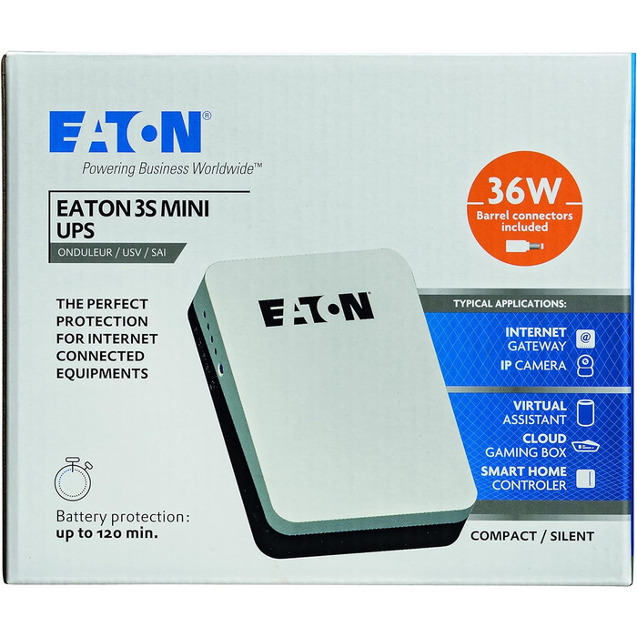 ДБЖ Eaton 3S Mini UPS 36 Вт 9/12/15/19 В постійного струму - ідеально підходить для захисту інтернет-маршрутизаторів (наприклад, FRITZ Box), IP-камери, домашні помічники та контролери розумного дому - White & Black Mini UPS / 36 Вт / 9-12-15-19 В постійно