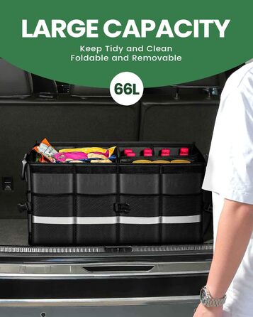 Органайзер для багажника WINHUNT, автомобільний органайзер для зберігання речей з водонепроникним кишенею, складний органайзер з багатьма відділеннями для автомобіля, позашляховика, седана, пікапа (Чорний, 66л) Чорний 66л