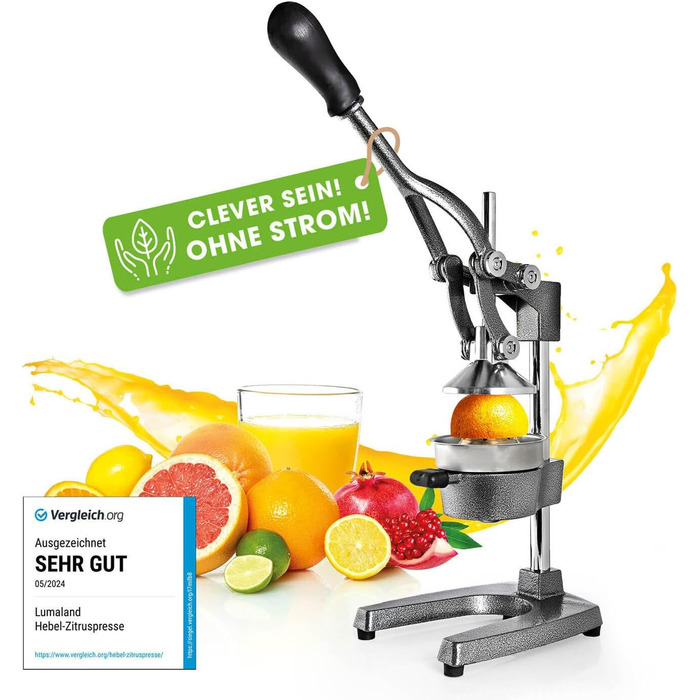 Соковижималка з нержавіючої сталі Lumaland Високоякісна, дуже тиха, ручна соковижималка для цитрусових Стильна ручна соковижималка