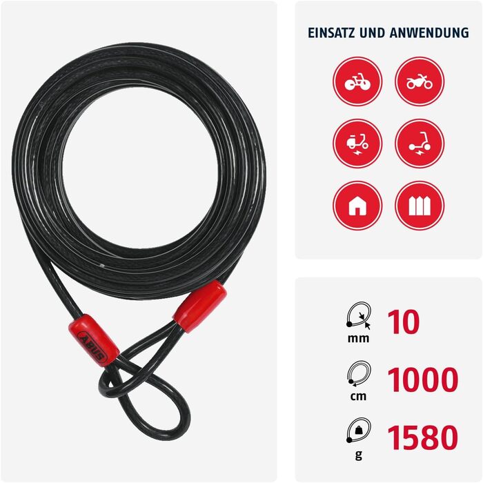 Трос ABUS Cobra 10 Loop - сталевий трос із пластиковим покриттям - захисний для велосипедних та мотоциклетних аксесуарів - довжина 10 метрів, товщина 10 мм, 1000 см, чорний/червоний