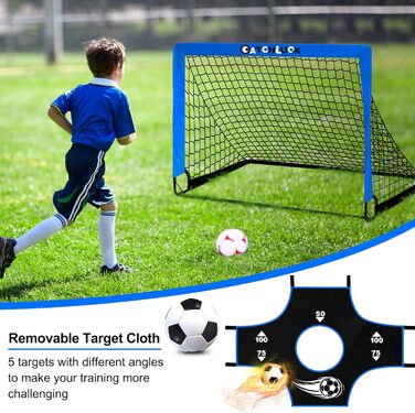 Висувні футбольні ворота для дітей, садові футбольні ворота, вуличні футбольні ворота для дітей з цільовими зонами, три ворота, футбольні, 6 перешкод та сумка для перенесення, сині