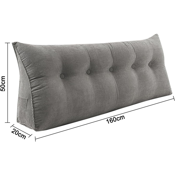 Подушка для спини Supfine, подушка для читання для ліжка та дивана, клиноподібна подушка з кишенею для мобільного телефону, вельвет, подушка для сидіння, настінна подушка, чохол, який можна прати (160x50x20 см, сірий, вельвет) сірий, вельвет 160x50x20 см