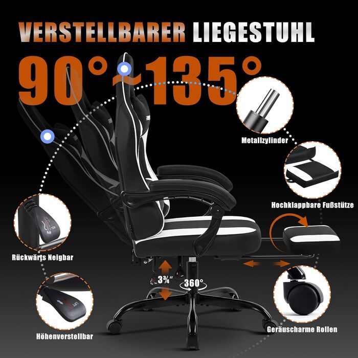 Ігрове крісло Hellove з підставкою для ніг, ергономічне ігрове крісло, крісло для відеоігор з поперековою опорою, регульовані підлокітники для дорослих та підлітків, PU чорно-біле