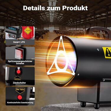 Газовий обігрівач Wiltec потужністю 15 кВт, газовий обігрівач з двигуном потужністю 30 Вт, сталевий генератор гарячого повітря, будівельний обігрівач на зрідженому газі, газовий обігрівач з п&39єзорозпалом