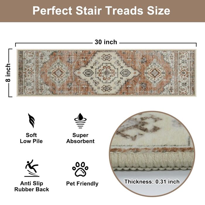 Килимки для сходів OJIA з нековзним покриттям для дерев&39яних сходів у приміщенні, 76,2 x 20,3 см, м&39які, що праються, доріжка для сходів, килимки для сходів, килимки для дітей, домашніх тварин, людей похилого віку, 15 шт. , бежевий