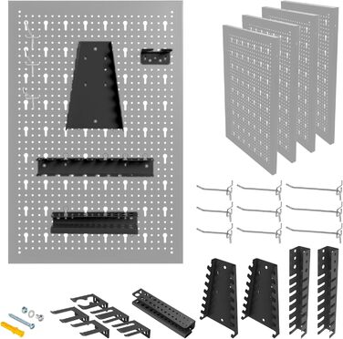 МЕТАЛЕВІ МЕБЛІ Інструмент настінний металевий 160x60x2 см, 4 перфоровані пластини 40x60x2 см, гачки та кронштейни, перфорована стінова майстерня, інструментальна стінка металева перфорована стіна, аксесуари для майстерні, перфорована стіна офіс -HPTH001