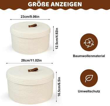 Набір із 2 круглих кошиків для зберігання з бавовняного шнура з кришками, маленьких плетених кошиків з кришками, декоративних полиць-кошиків для іграшок та косметики (28 x 16,5 см/23 x 12,5 см, білий)