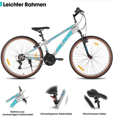 Гірський велосипед HILAND 26 дюймів для чоловіків та жінок, 21-швидкісний гірський велосипед, високоміцна сталева рама, гальма V-подібної форми, хардтейл для дорослих, сірий