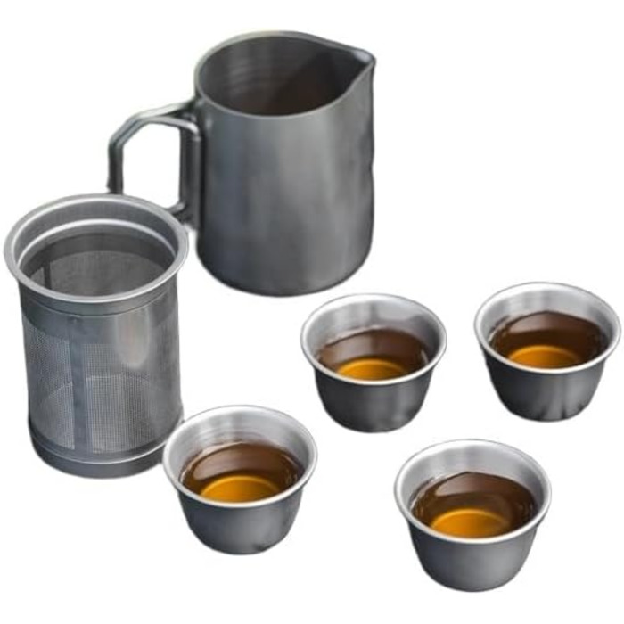 Набір для чаю з нержавіючої сталі на 4 особи, портативний, для кемпінгу, з фільтром та виливом, захищений від протікання, для подорожей та походів.