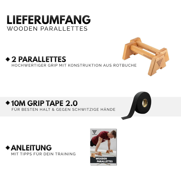 Дерев&39яні паралелети GORNATION для віджимань, дерев&39яні ручки для віджимань, калістеніка та фітнес-тренування, перекладини для віджимань, ручки для калістенічних віджимань для тренування верхньої частини тіла, вкл. стрічку для захоплення