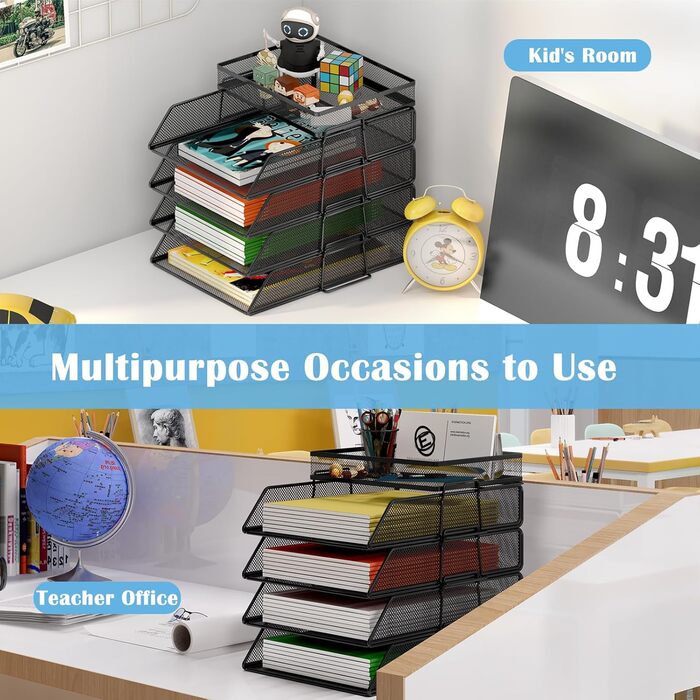 Настільний органайзер TQVAI з 4 відділеннями та верхнім лотком, металевий лоток для документів, лоток для паперу A4, органайзер для журналів для офісу, дому та школи, чорний