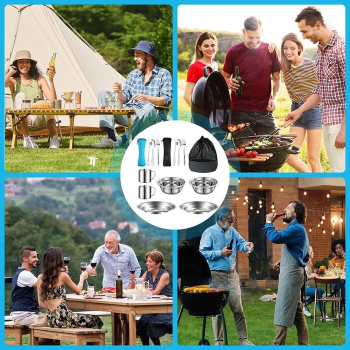 Набір посуду для кемпінгу, 15 предметів, нержавіюча сталь тарілки, миски, чашки, виделки, ложки та чохол для зберігання. Посуд з нержавіючої сталі для кемпінгу, походів та пікніків