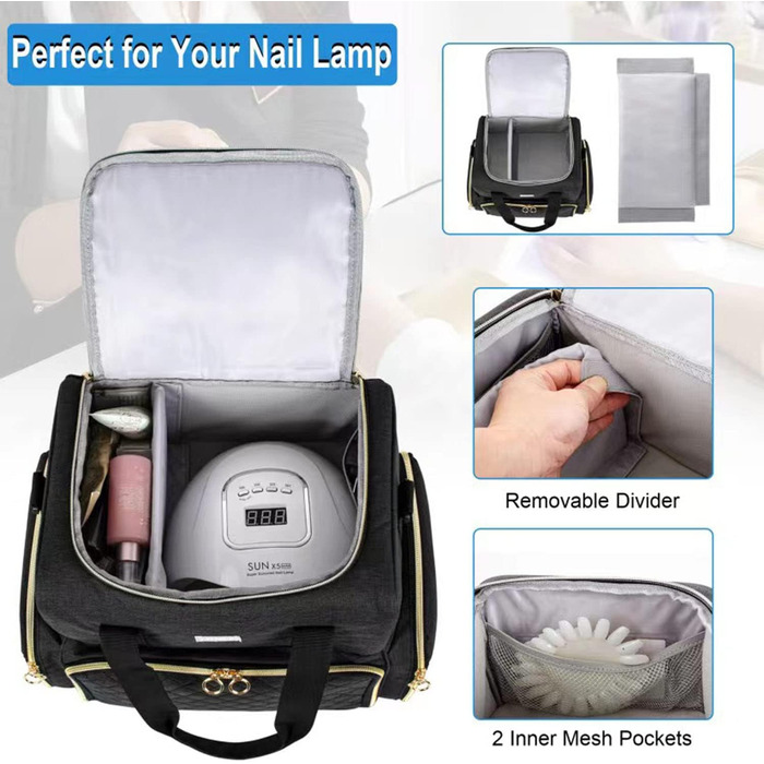 Мішечок для лаку для нігтів, двошаровий органайзер для зберігання лаку для нігтів на 80 флаконів (15 мл) та лампу для нігтів, великий футляр для косметики з відділеннями для зберігання, чорний