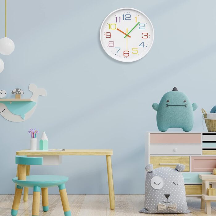 Дитячий настінний годинник без цокання 30см Кольорові цифри Сучасний кварцовий безшумний настінний годинник на батарейках для дитя
