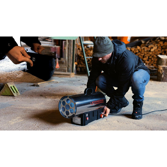 Промисловий газовий обігрівач/нагрівальна гармата Rothenberger з п&39єзоелементом, шлангом, регулятором, захистом від розриву шланга RoTurbo 35000SA 1000C Регульований Включає Bluetooth-динамік, час роботи до 30 годин RoTurbo 35000 з регульованою функцією