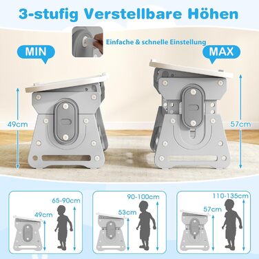 Дитячий стіл та стілець з регульованою висотою, дошкою для малювання та відділенням для зберігання, художній стіл/стіл для учнів з нековзними ніжками, для дітей від 3 років (сірий)