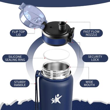 Термос 1 л, герметичний термос, ізольована пляшка без бісфенолу А, пляшка з нержавіючої сталі для спорту, школи, фітнесу, активного відпочинку, кемпінгу, 1000 мл, темно-синій