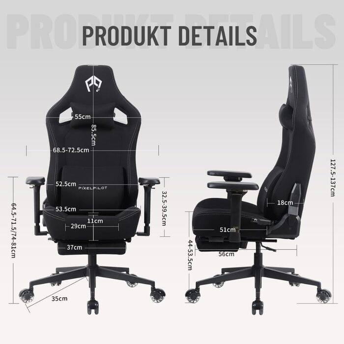 Ергономічне ігрове крісло PixelPilot з 4D підлокітниками, підставкою для ніг, опорою для голови та попереку, ігрове ПК-крісло широке сидіння Офісне крісло вантажопідйомність 150 кг (Orion, тканина) Тканина Orion