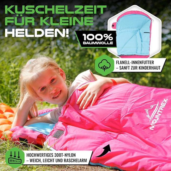 Дитячий спальний мішок MOUNTREX 5C / 15C підкладка 100 бавовна спальний мішок для дітей 17570 см легкий та компактний, портативний, як рюкзак ідеально підходить для кемпінгу, дитячого садка та ночівлі Рожевий/Синій 175 x 70 x 45 см