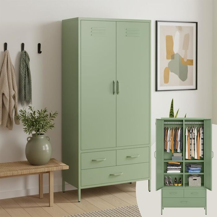 Металева шафа Skølm Atria Металева шафа з 6 відділеннями, 2 рейками для одягу та 3 шухлядами Шафа м&39ятно-зеленого кольору Металева шафа завширшки 80 см Шафа для спальні Шафа для передпокою м&39ятно-зеленого кольору з 2 дверима, 3 шухлядами