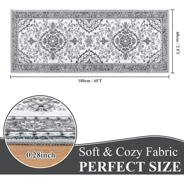 Кухонний килимок 60 x 180 см, високоякісний нековзний килимок для передпокою, традиційний довгий килимок, який можна прати, ретро, м&39який килимок для вітальні, офісу, коридору, сірий, 60 x 180 см