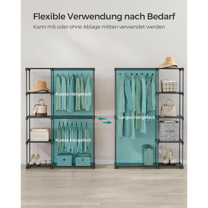 Відкрита шафа, вішалка для одягу, штанга для одягу, шафа, 2 підвісні полиці, багато місця, для спальні, вітальні, 124 x 43 x 182 см, чорний RYG026B02 Чорний 124Д x 182В см