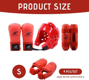 Захисне спорядження для спарингу, захисне спорядження для спарингу карате з поліестеру, тхеквондо, включає 1 шолом, 1 пару рукавичок та 1 пару захисних наколінників, також підходить для велоспорту, бойових мистецтв тощо, червоний, розмір S