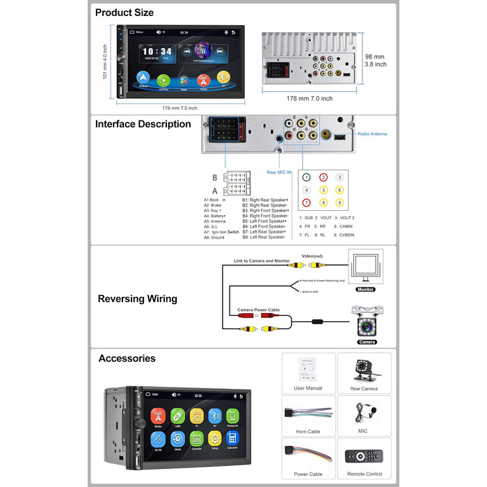 Радіоприймач CAMECHO 2Din з Carplay Android Auto, 7-дюймова автомобільна стереосистема з сенсорним екраном Bluetooth Mirror Link FM USB/SD/AUX-INкамера заднього виду