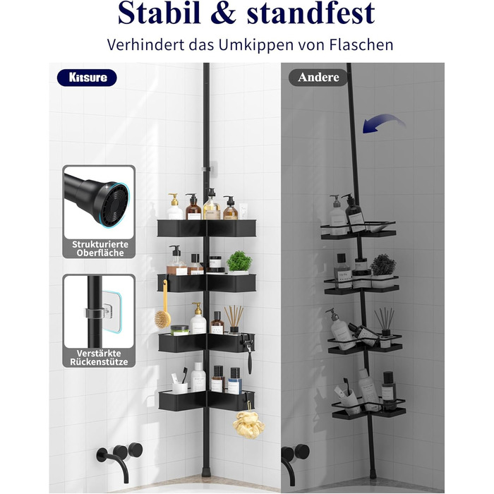 Кутова полиця для душу Kitsure з телескопічною стійкою, регульована по висоті, металеві кошики, монтаж без свердління, висота 87-290 см, ширина 24.6 см, чорний колір (24.6 x 24.6 x 290 см)