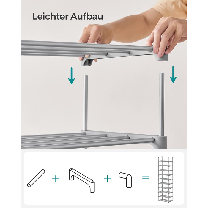 Рівнева взуттєва полиця, висока відкрита шафа для взуття, вузька підставка для взуття, металеве місце для зберігання взуття, компактне, для гардеробної, передпокою, 30 x 45 x 174 см, сірий LSA025G02 10 ярусів (45Ш см) сірий, 10-