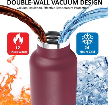 Пляшка для води з нержавіючої сталі, термос 750 мл, без BPA, ізольована пляшка з трубочкою, двостінна ізольована пляшка, герметична спортивна пляшка для води, для походів, фітнесу, йоги, кемпінгу, Rojo-negro 750 мл