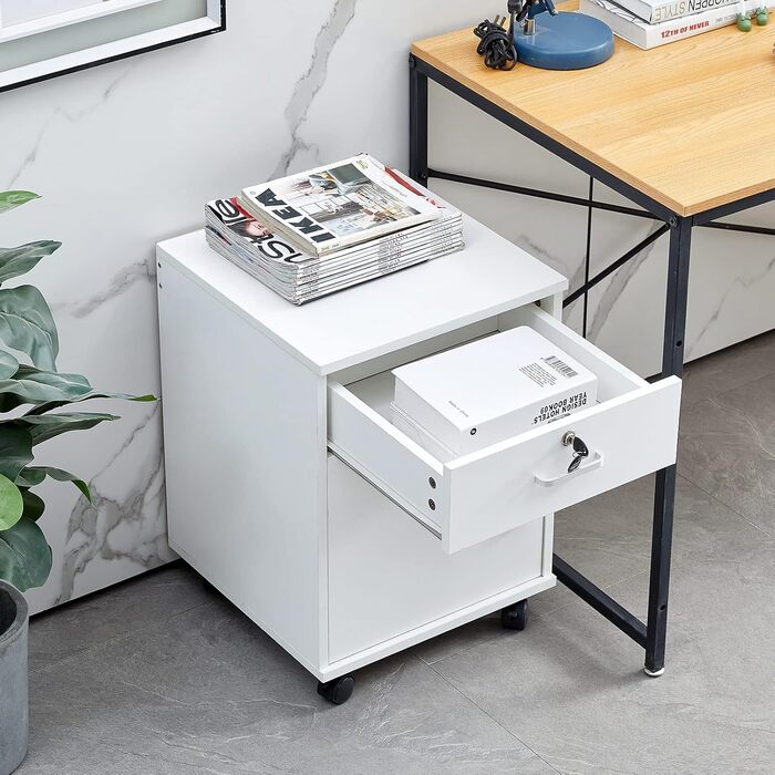 Шафа для документів на колесах із замком, дерев&39яна, з шухлядою та закритим місцем для зберігання, мобільна шафа під столом для паперу та папок формату А4, біла, 1 шухляда 1 дверцята для зберігання