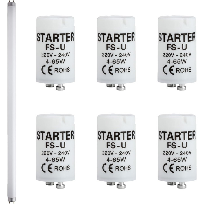 Універсальний стартер для люмінесцентних ламп, Longlife 220-240V, стартер для люмінесцентних ламп, люмінесцентна лампа, надійний і безпечний стартер, 6 Pack Starter Fluorescent Tubes 4-65 W