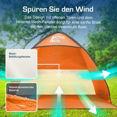 Розкладний пляжний намет Active Era із захистом від ультрафіолету, пляжний намет UPF 50, вітрозахисний пляжний намет, намет для 2-3 осіб, включаючи сумку для перенесення та кілочки - помаранчевий