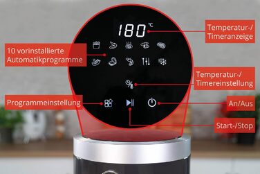 Скляна фритюрниця BPA-Free - фритюрниця, 1,200 Вт, світлодіодний сенсорний екран, 10 автоматичних програм для, гриля, приготування, смаження, зневоднення, випічки, нагрівання, розморожування або смаження - без олії, 58695