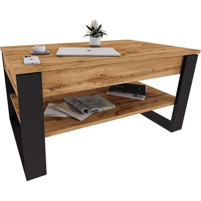 Журнальний столик з підйомною стільницею Стіл для вітальні з регульованою висотою та місцем для зберігання Сучасний чорний дубовий диванний столик Wotan з полицею та прихованим відділенням Журнальний столик для вітальні та офісу, чорний