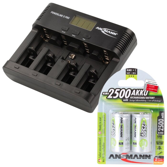 Зарядний пристрій ANSMANN для акумуляторів AA/AAA/C/D/9V NiMH - Зарядний пристрій з 5 програмами заряджання заряджання, розряджання, тестування, оновлення, швидке заряджання USB - Powerline 5 Pro 2 акумулятори Baby C ємністю 2500 мАг, включаючи 2 акумулят