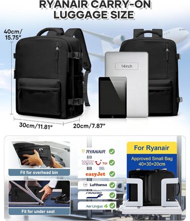 Вакуумний рюкзак BJLFS, ручна поклажа Ryanair 40x30x20, великий дорожній рюкзак, ручна поклажа для літака, рюкзак з подушкою безпеки та вакуумним насосом, сумка для літака з вакуумною системою, ручна поклажа для 14-дюймового ноутбука A01-чорний Ryanair/Wi