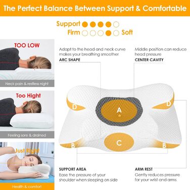 Подушка для шиї з піни з ефектом пам&39яті, ергономічна ортопедична подушка, регульована по висоті, подушка для сну на боці, спині та животі - 63 x 34 см x 9/12 см, біла