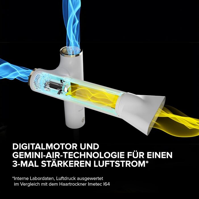Фен Bellissima Gemini ультралегкий та компактний, з поворотним руків'ям, цифровим двигуном, потужним потоком повітря, іонізатором, 2 концентраторами та дифузором, 3 швидкості та 3 температури