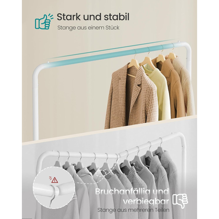 Вішалка для одягу SONGMICS, Штанга для одягу на колесах, Підставка для гардеробу, 2 колеса з гальмом, Спальня, Вантажопідйомність до 50 кг, 38 x 110 x 141,5 см, Матовий білий HSR016WG01 Матовий білий, одинарна рейка