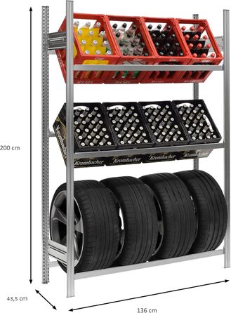 Стійка для ящиків для напоїв та шин PROREGAL CHIEMSEE TIRE, виготовлена в Німеччині ВxШxГ 200x136x43,5 см 6 ящиків 4 шини Оцинкована Стійка для ящиків для напоїв, підставка для шин, гаражна стійка, підвальна стійка для 6 ящиків та 4 шин (широка), оцинкова