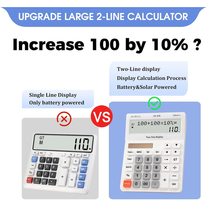 Настільний калькулятор, великі кнопки, 2 ряди, надвеликий дисплей, 12-розрядний настільний калькулятор, офісний калькулятор, податковий калькулятор, великий розмір (OA-608)